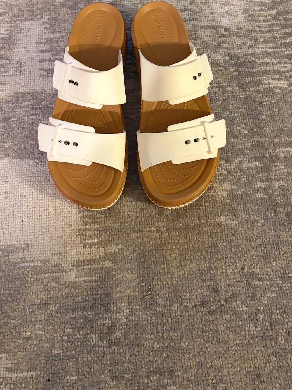CROCS White Double-Buckle Slide Sandals with Tan Footbed